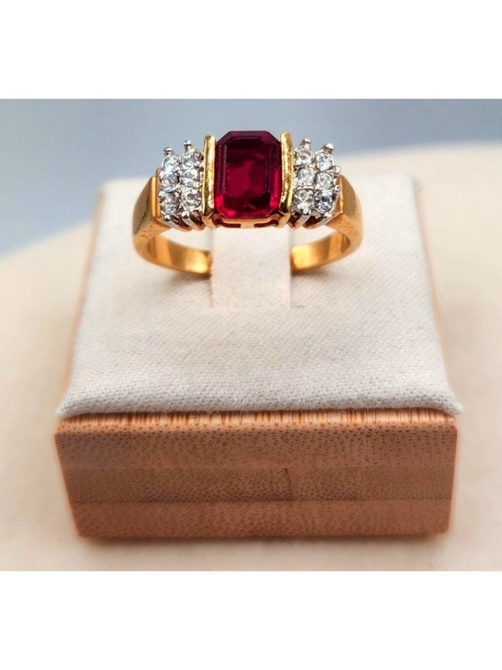 14KGP  Yellow Gold Synthetic Ruby & CZ  Emerald Cut Center Stone